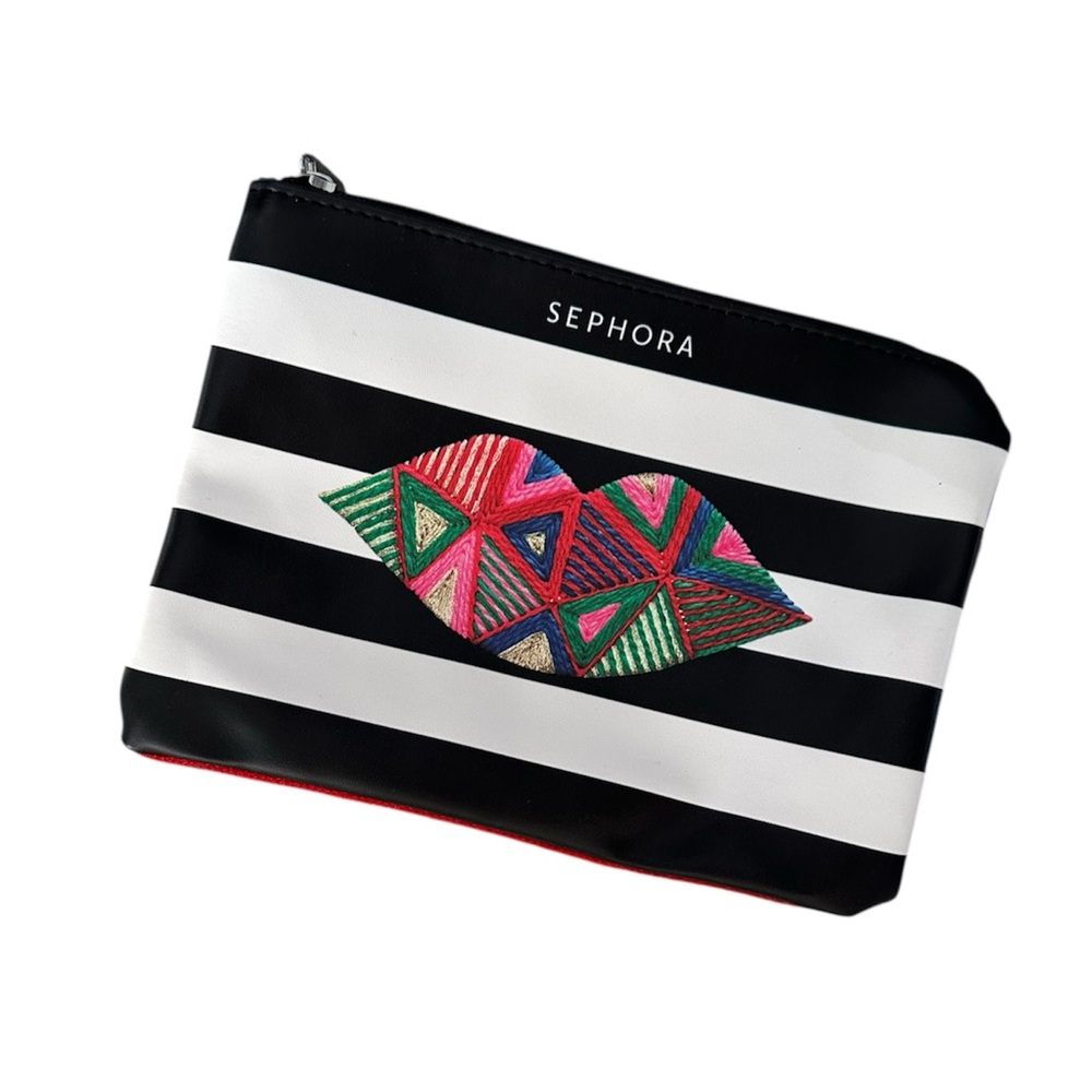 SEPHORA Black and White Stripe Cosmetic Bag with Lips Print